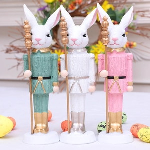 Easter Rabbit Nutcracker Soldier Ornament Resin Bunny Figurine Holding Scepter Knit Texture For Home Table Decor Festive Gift