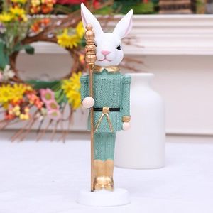 Easter resin rabbit soldier figurine in green uniform holding a golden scepter decor