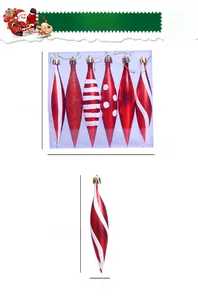 Set of 6 red and white Christmas icicle ornaments with stripes and dots, 15cm length