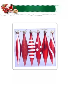 Set of 6 red spindle Christmas ornaments with glitter and stripes in a clear box