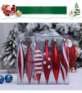 Set of 6 red pointed Christmas ornaments with glitter patterns and gold strings