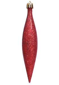 Detailed view of red glitter icicle Christmas ornaments with gold caps and metal hanging loops