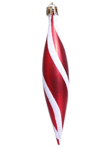 Detail of red icicle ornament with white spiral glitter and golden hanging cap