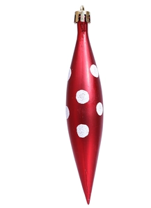 Detailed view of red Christmas spindle ornament with white polka dots and silver metal cap