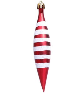 Detail of red spindle Christmas ornament with white glitter stripes and gold top