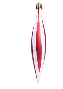 Detailed view of a red spindle-shaped Christmas ornament with white glitter stripes