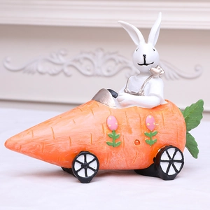 Easter resin bunny figurine riding a carrot car for creative tabletop decoration