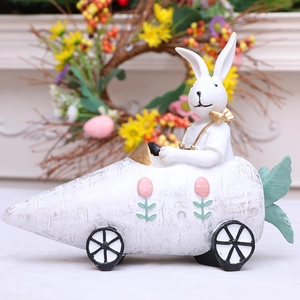 Easter resin rabbit riding a white carrot car ornament for creative desktop decoration