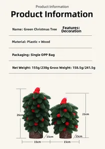 Mini sapin de Noël artificiel avec base en bois et ornements rouges en deux tailles