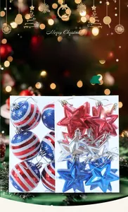 Close-up of red, white, and blue American flag style star and ball hanging ornaments
