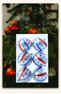 Macro shot of 6-piece American flag style Christmas ornaments with stars and stripes
