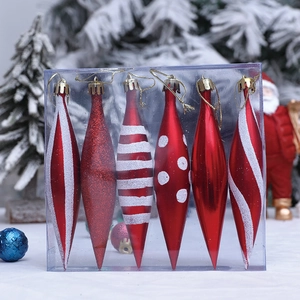 Set of 6 red and white Christmas teardrop ornaments for tree decoration in a clear box