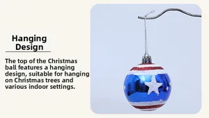 Close-up of Independence Day themed blue hanging ball with white stars and red stripe patterns
