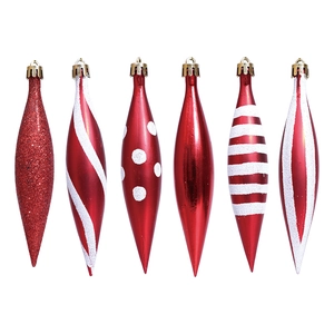 Set of 6 red and white teardrop Christmas ornaments with glitter and striped patterns