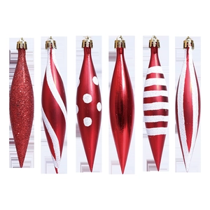 Set of 6 red and white Christmas icicle ornaments with glitter and striped patterns