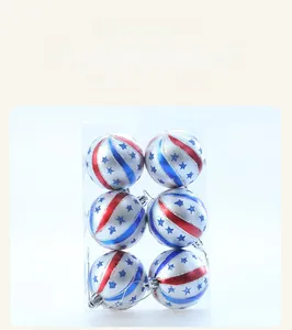 Detail view of 6pcs American Independence Day star patterns on silver glitter ball ornaments