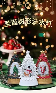 Detailed view of water-filled Christmas tree lanterns with glitter and festive figurines