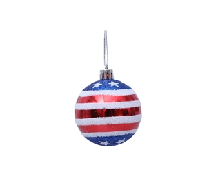 Detail of Independence Day ornament with red white stripes and blue stars glitter finish