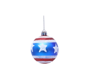 Detail of red white and blue glitter Christmas ball with stars and stripes design