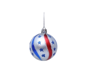 Close-up of patriotic Christmas ball with red and blue glitter stripes and stars