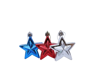 Three metallic patriotic star ornaments in blue red and silver for holiday party decor