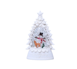 Close-up of lighted Christmas tree water globe featuring a snowman and deer inside