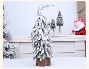 Mini sapin décoratif avec sommet recourbé, flocage blanc et socle en bois naturel