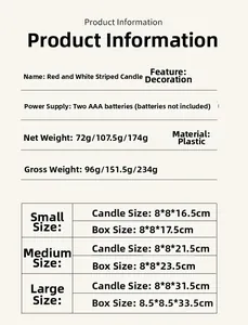 Detailed size chart for LED flameless candles in small, medium, and large dimensions