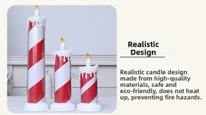 Three-piece LED electronic candle lights with red white stripes and simulated melting wax