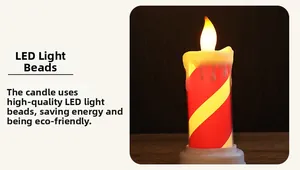 Detail of LED Christmas candle showing red and yellow stripes with realistic dripping wax effect