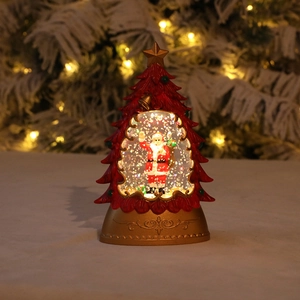 Red Christmas tree water lantern with Santa figure and warm LED lighting effect