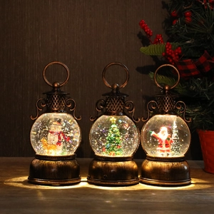 Set of 3 vintage bronze Christmas lanterns with snow globes and warm LED lighting