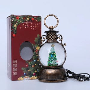 Vintage Christmas lantern snow globe with tree, music, LED and red gift packaging