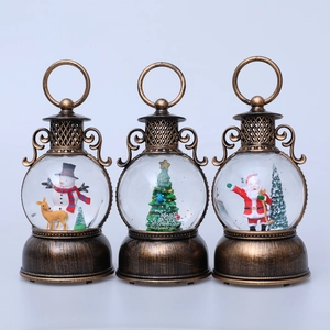 Three bronze Christmas lanterns with snowman, reindeer, and Santa Claus LED scenes