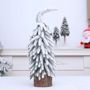 Mini sapin de Noël en cèdre floqué avec sommet en croissant et socle en bois naturel