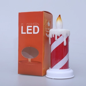 LED Christmas candle light with red and white stripes, including a festive orange gift box