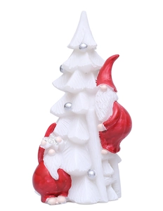 Detail of resin white Christmas tree with climbing gnomes and silver ball ornaments