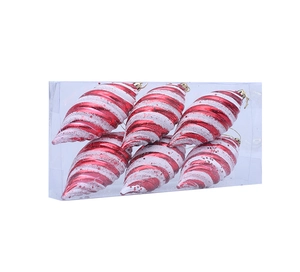 Detailansicht von 6 rot-weißen Spiral-Weihnachtsanhängern in der Verkaufsverpackung