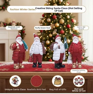 Detailed view of four resin Santa Claus figurines with intricate knit and down textures