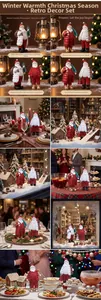 Detailed scene showing decorative resin Santa Claus figurines with miniature trees and bags