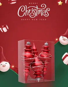 Macro view of 3 burgundy spiral tree ornaments with white glitter stripes in a clear box