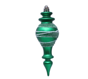 Macro detail of green finial Christmas ornament with white glitter spiral and silver cap