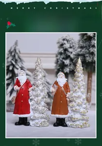 Detailed resin Santa Claus figurines and glittery white snow Christmas trees for home decor
