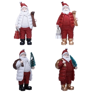 Set of four resin Santa Claus figurines with Christmas trees and gift bags for decor