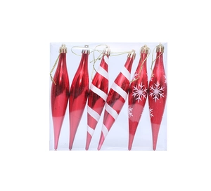 Primer plano de seis adornos navideños rojos en forma de gota con copos de nieve y espirales
