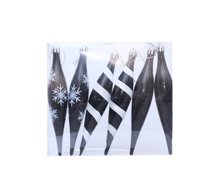 Detalle de 6 adornos navideños de carámbano gris oscuro con motivos de copos blancos