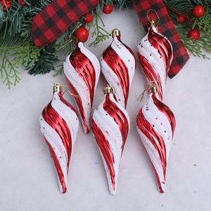 6er-Set rot-weiße Spiral-Eiszapfen-Weihnachtsanhänger mit Glitzersternen und Goldkappen