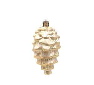 Makro-Detail von goldenem Pinienzapfen-Weihnachtsschmuck mit mattem Finish und Schnur