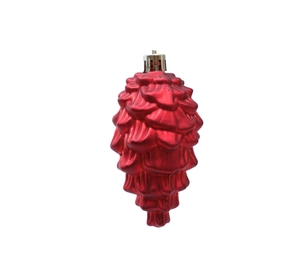 Nahaufnahme eines matten roten Tannenzapfen-Weihnachtsschmucks mit silberner Metallkappe
