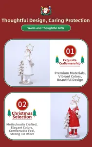 Detailed view of red and white resin Santa Claus figurines with golden star wands